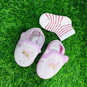 Baby Soft Pink Bow Shoes With Free Socks (0–12 Months)