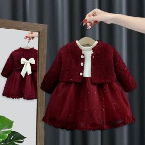 Baby Girl Winter Party Dress with Warm Cardigan – Maroon Premium Set