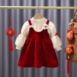 Baby Girl Winter Corduroy Dress Set – Red Pinafore with White Full Sleeve Top