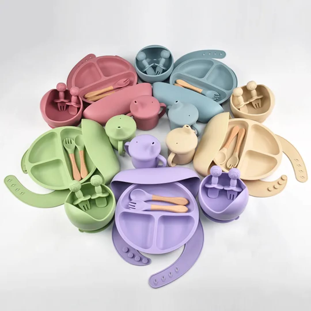 Silicone Baby Feeding Set With Plate Bowl Spoon Bib Cup BPA Free